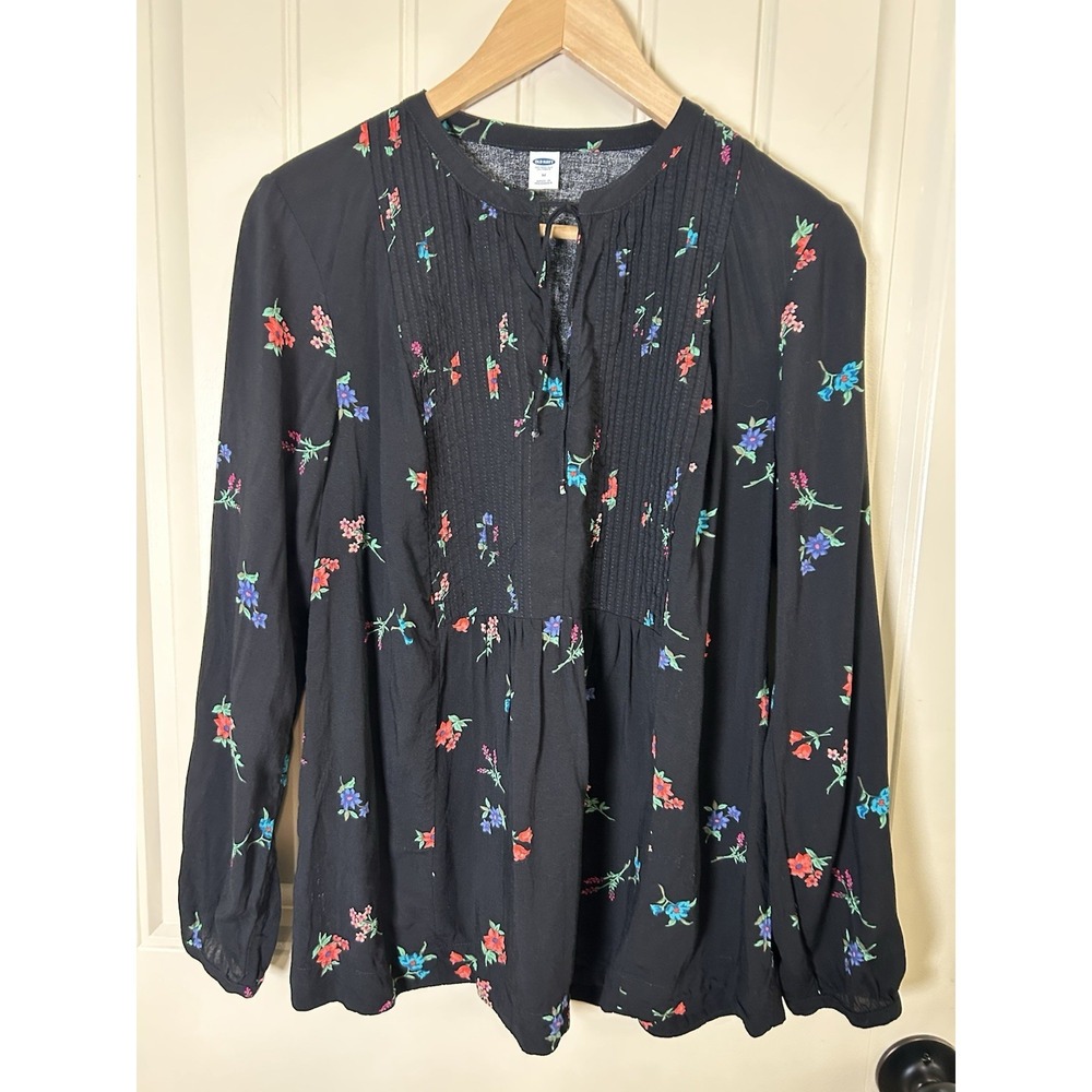 Old Navy Women Black Floral Pintuck V Neck Tunic Blouse Women Sz M Boho Peasant